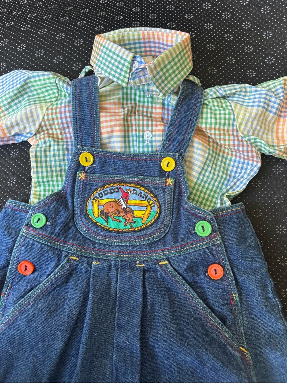 OshKosh B'gosh Blue Denim Overalls with Multicolor Buttons - Picture 9 of 11